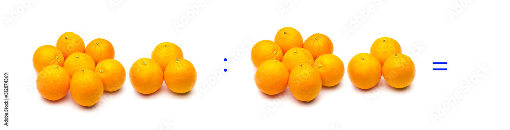 División sencilla entre naranjas, cálculo matemático de división. División sencilla entre naranjas, cálculo matemático de división.