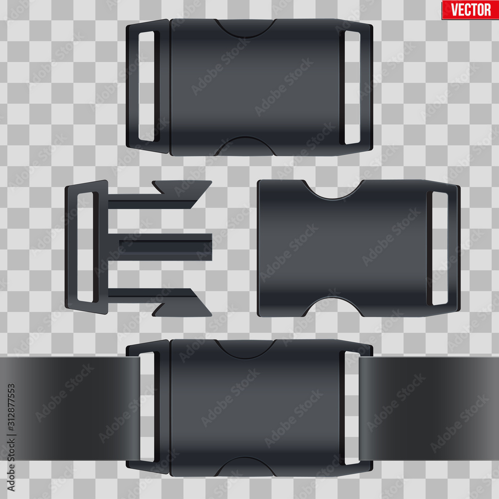 Set of fastex semi-automatic clip. Fastener plastic buckle. Equipment accessory for backpack and bag. Vector Illustration isolated on transparent background. - obrazy, fototapety, plakaty 
