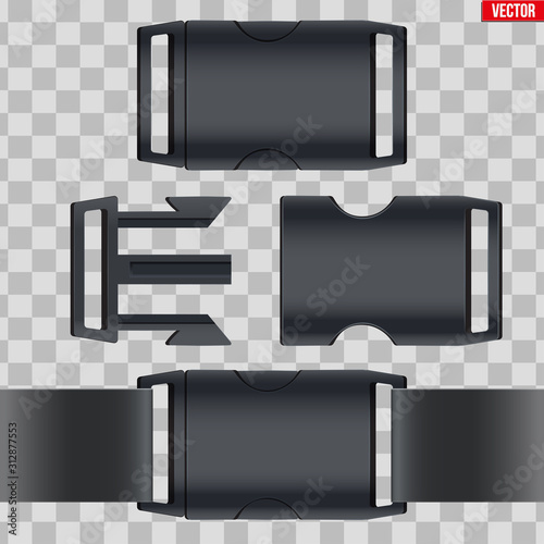 Set of fastex semi-automatic clip. Fastener plastic buckle. Equipment accessory for backpack and bag. Vector Illustration isolated on transparent background. photo