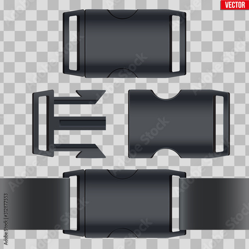 Set of fastex semi-automatic clip. Fastener plastic buckle. Equipment accessory for backpack and bag. Vector Illustration isolated on transparent background.
