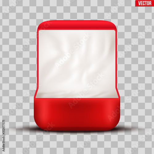 Red Velvet Ring Box with silk fabric. Opened Luxury Jewerly Box. Equipment for engagement and offer marriage. Vector Illustration isolated on transparent background.