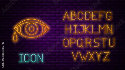 Glowing neon line Reddish eye due to viral, bacterial or allergic conjunctivitis icon isolated on brick wall background. Neon light alphabet. Vector Illustration