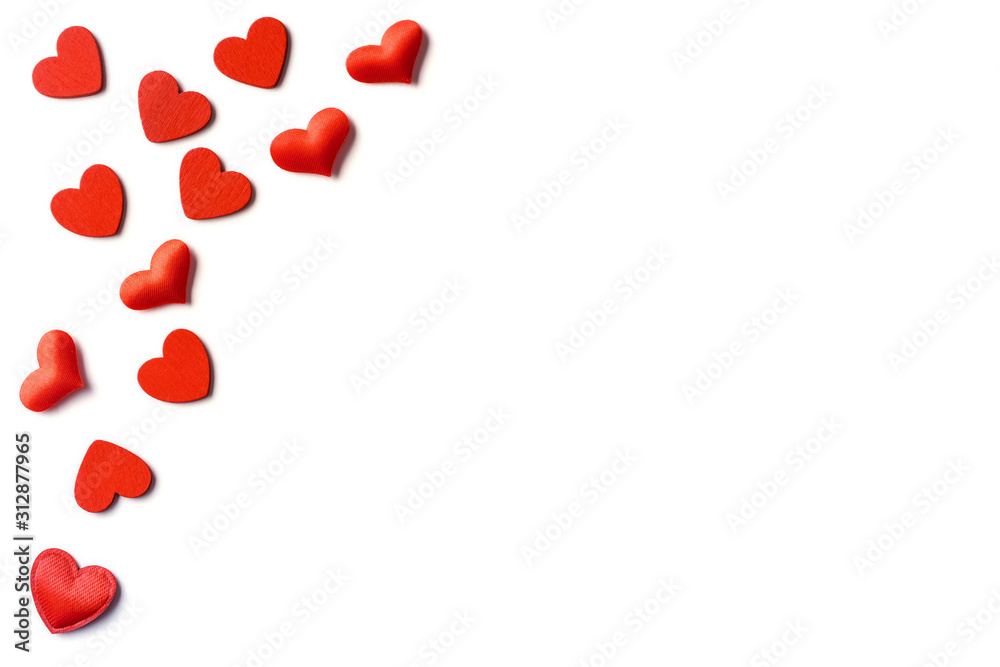 Festive composition from red hearts scattered and isolated on white background, valentines day concept, copy space for text, flatlay Festive composition from red hearts scattered and isolated on white background, valentines day concept, copy space for text, flatlay