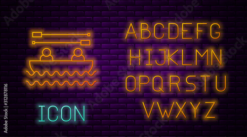 Glowing neon line Boat with oars and people icon isolated on brick wall background. Water sports, extreme sports, holiday, vacation, team building. Neon light alphabet. Vector Illustration