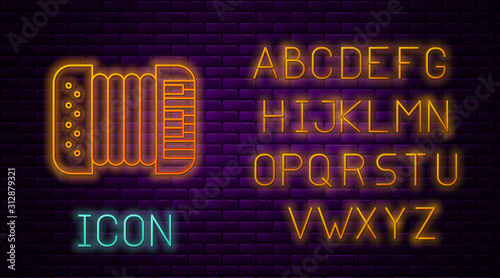 Glowing neon line Musical instrument accordion icon isolated on brick wall background. Classical bayan, harmonic. Neon light alphabet. Vector Illustration
