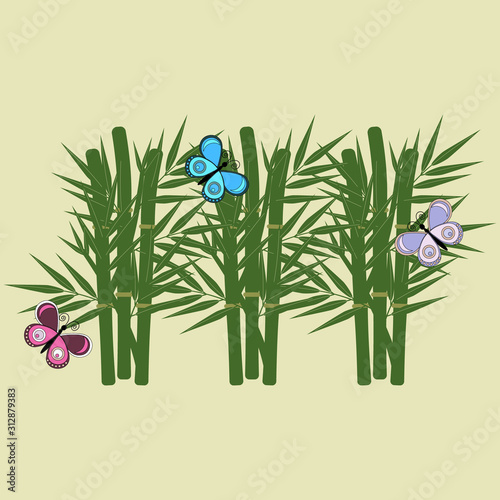 Bamboo forest with colorful butterflies on a light green background, vector