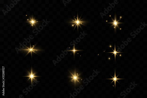 Set of golden light effects. Flashes and glares. Bright rays of light. Glowing lines. Vector illustration. Christmas flash. dust.