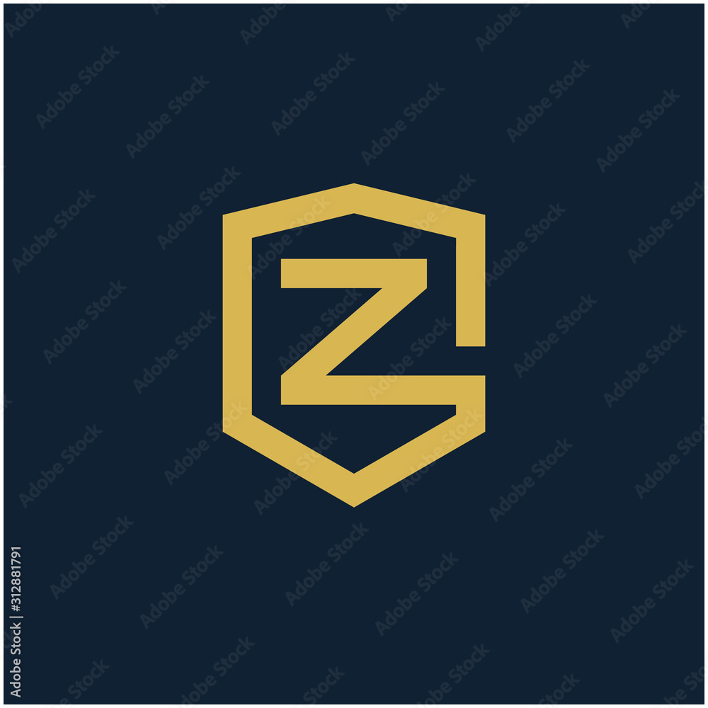 initial Letter Z with Shield frame line art element. Shield Line geometry  for Security logo. Logo Icon Template for Web and Business Card, Letter Logo Template on Black Background. - vector