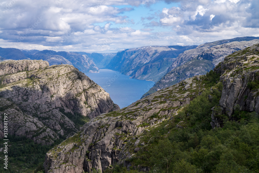 Hiking road to cliff Preikestolen in fjord Lysefjord, Norway