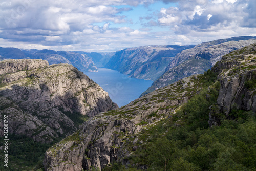 Hiking road to cliff Preikestolen in fjord Lysefjord, Norway