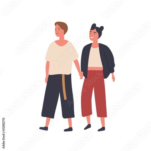 Lesbian couple holding hands flat vector illustration