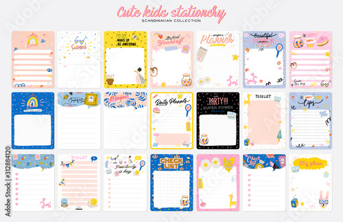 Collection of weekly or daily planner, note paper, to do list, stickers templates decorated by cute kids illustrations and inspirational quote. School scheduler and organizer. Flat vector
