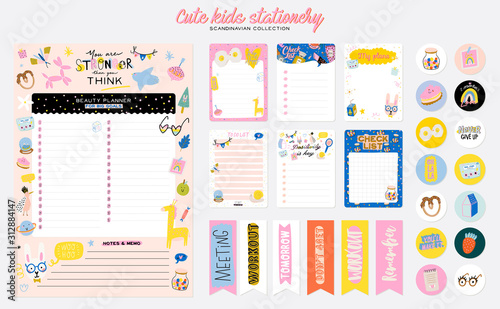 Collection of weekly or daily planner, note paper, to do list, stickers templates decorated by cute kids illustrations and inspirational quote. School scheduler and organizer. Flat vector