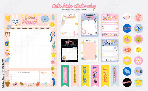 Collection of weekly or daily planner, note paper, to do list, stickers templates decorated by cute kids illustrations and inspirational quote. School scheduler and organizer. Flat vector