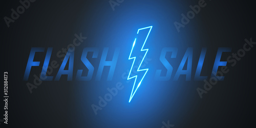 Flash Sale text design with neon lightning bolt for business, discount shopping, sale promotion and advertising. Vector illustration.