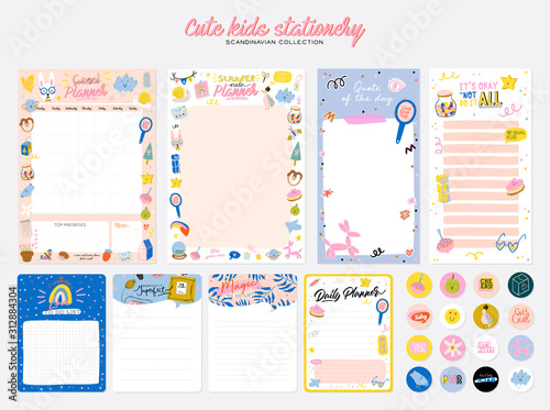 Collection of weekly or daily planner, note paper, to do list, stickers templates decorated by cute kids illustrations and inspirational quote. School scheduler and organizer. Flat vector