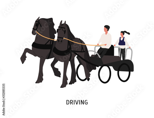 Driving horse carriage flat vector illustration