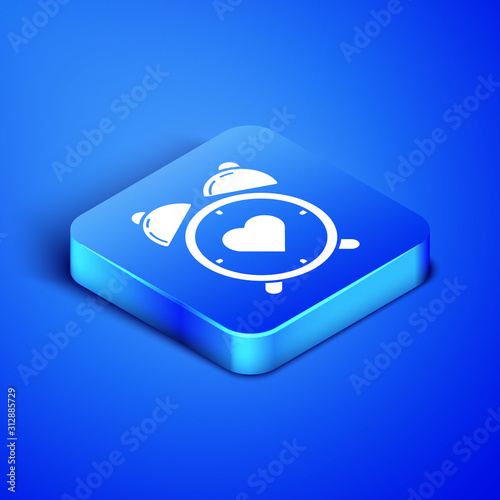 Isometric Heart in the center alarm clock icon isolated on blue background. Valentines day. Blue square button. Vector Illustration