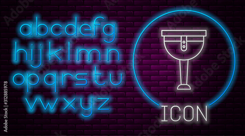 Glowing neon line Wooden pirate leg icon isolated on brick wall background. Neon light alphabet. Vector Illustration