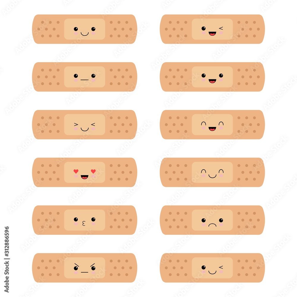 kawaii band aid emotion set white funny face with eyes and pink cheeks on white background. kawaii band aid emotion set white funny face with eyes and pink cheeks on white background.
