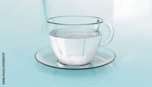 glas mug filled with liquid water on plate with cyan background 3d render illustration