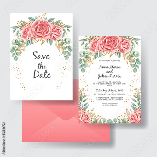 wedding invitation set of rose peach pink beauty