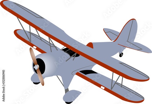 Single plane biplane in gray and red colors with a wooden propeller on a white background.