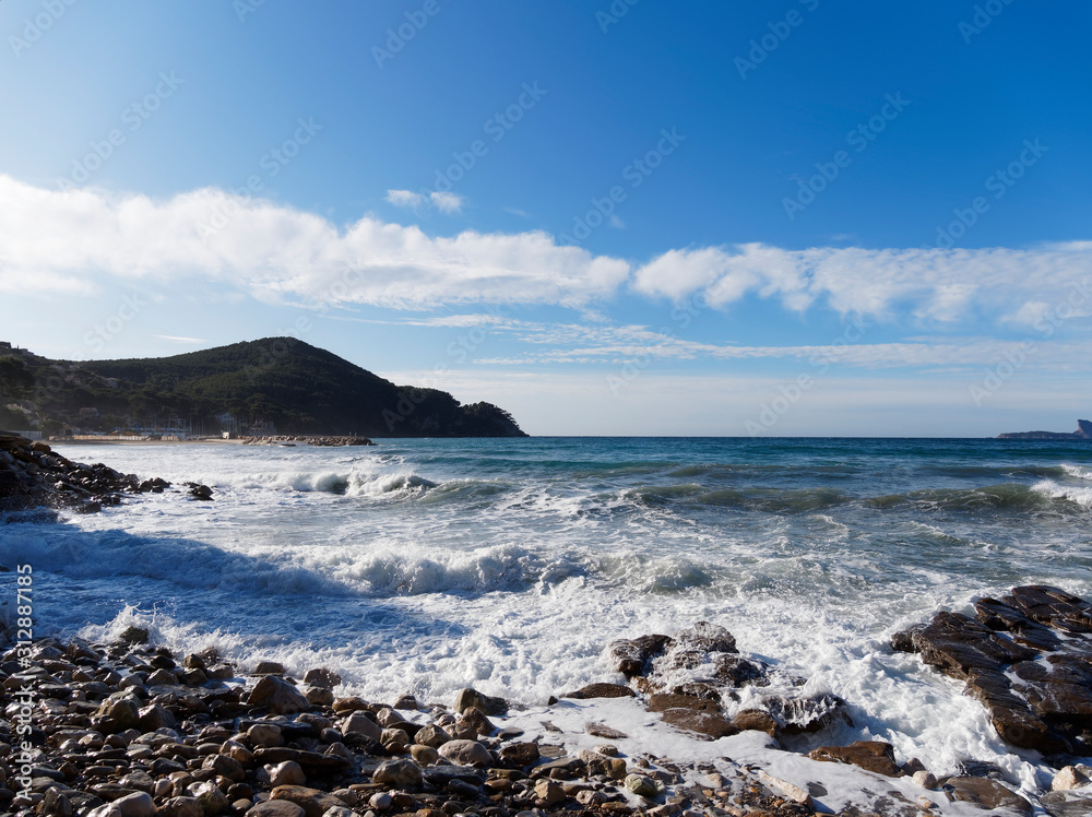 View on Mediterranean sea, bay of Les Lecques and Pointe Grenier from Les Lecques beach and Saint-Cyr-Sur-Mer in French Riviera