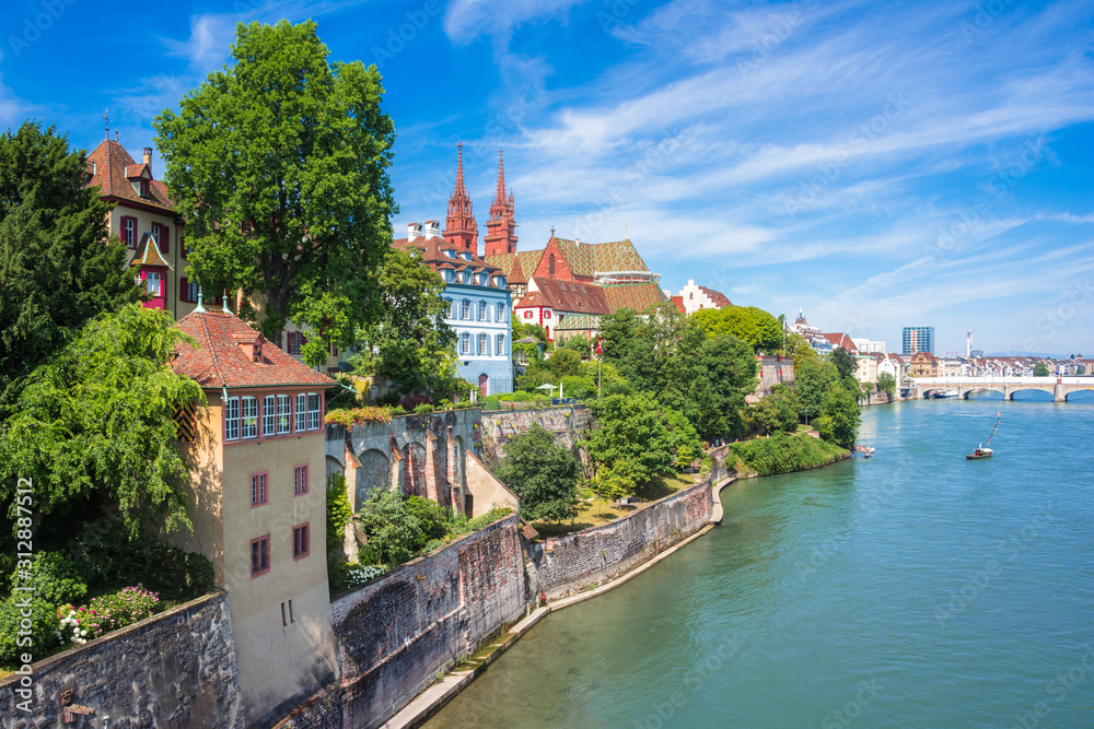Old Town of Basel with red stone Munster cathedral and the Rhine river, Switzerland. - obrazy, fototapety, plakaty 
