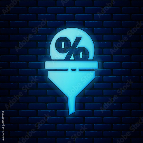 Glowing neon Lead management icon isolated on brick wall background. Funnel with discount percent. Target client business concept. Vector Illustration