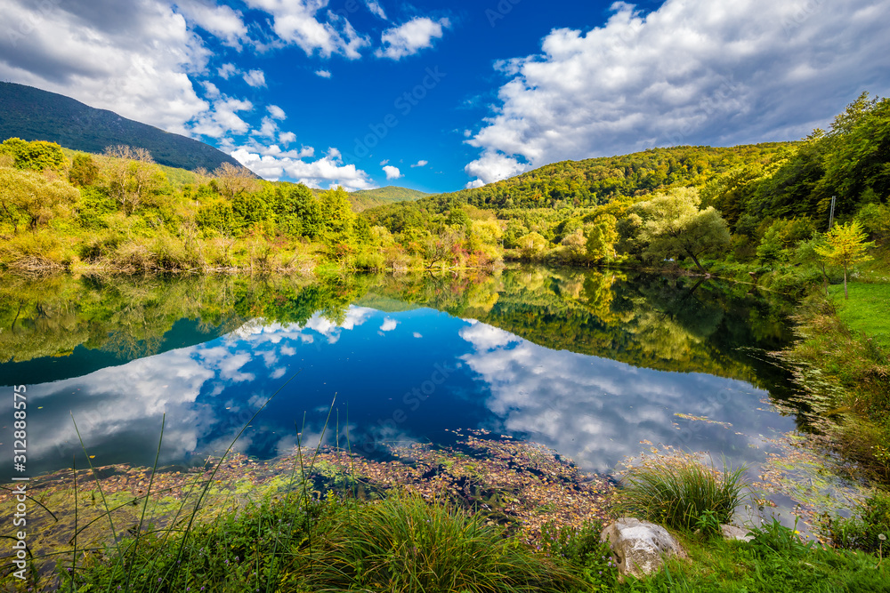 Naklejka premium Reflection In Una River- Croatia And Bosnia Border