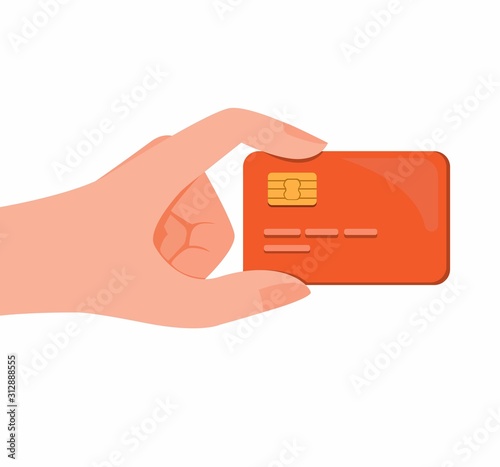 Hand holding credit card, debit card or sim card cartoon flat illustration vector 
