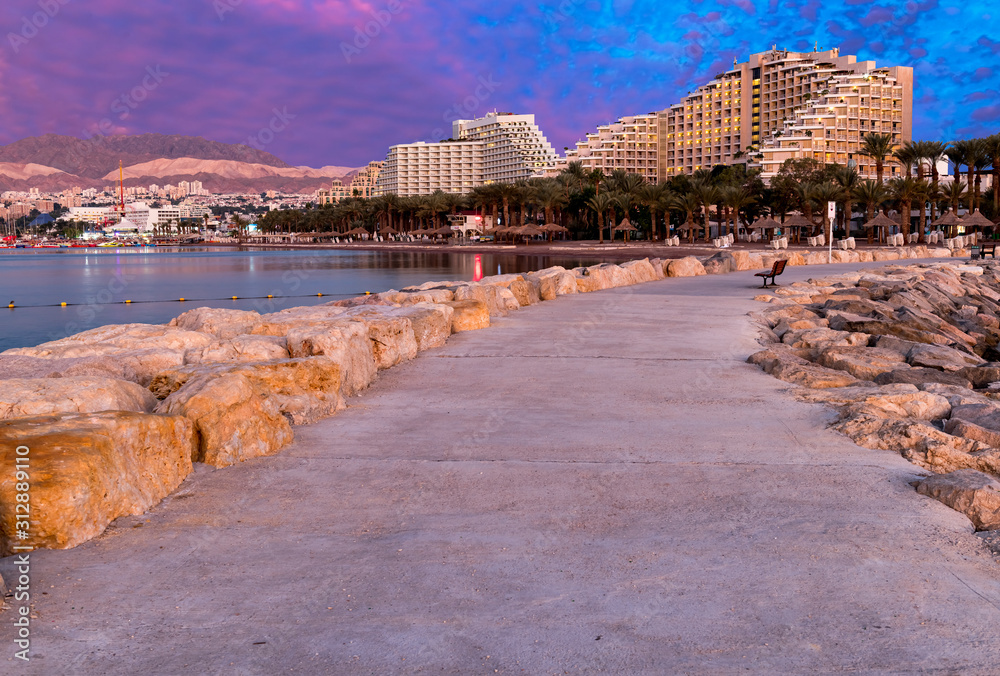 Panoramic view on central public beach of Eilat - the southernmost port and famous resort and recreational city in Israel