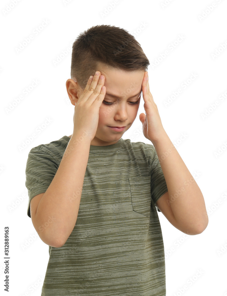 Portrait of preteen boy with headache on white background Portrait of preteen boy with headache on white background