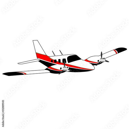 Twin engine small private jet. White plane with longitudinal red black and gold stripes.