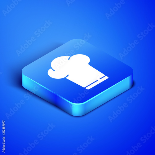 Isometric Chef hat icon isolated on blue background. Cooking symbol. Cooks hat. Blue square button. Vector Illustration