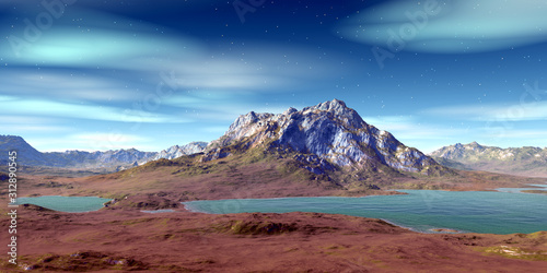 Alien Planet. Mountain and lake. 3D rendering