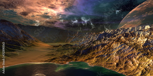 Fototapeta Naklejka Na Ścianę i Meble -  Alien Planet. Mountain and lake. 3D rendering