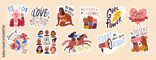 Feminist and body positive vector stickers set. Female movements cartoon badges with inspirational quotes. Women empowerment, self acceptance and gender equality trendy letterings pack. photo