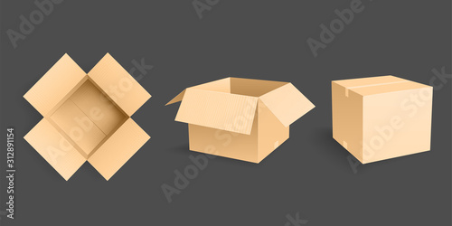 Three Yellow Opened Cardboard Box Mockup Vector Illustration Isolated on Dark Background © tutti_frutti