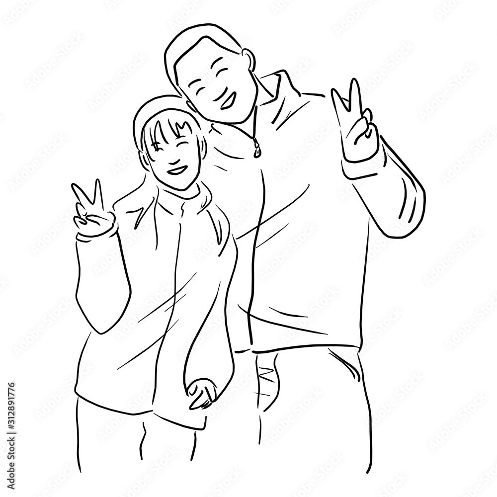 couple lover with hand victory sign vector illustration sketch doodle hand drawn with black lines isolated on white background couple lover with hand victory sign vector illustration sketch doodle hand drawn with black lines isolated on white background