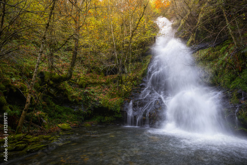 Large flow of water in a waterfall in a very rainy autumn