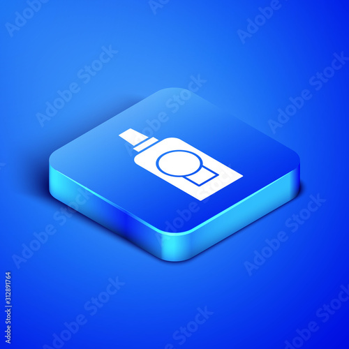 Isometric Mouthwash plastic bottle icon isolated on blue background. Liquid for rinsing mouth. Oralcare equipment. Blue square button. Vector Illustration