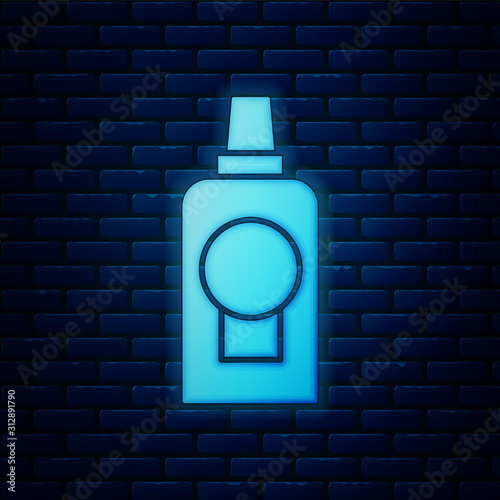 Glowing neon Mouthwash plastic bottle icon isolated on brick wall background. Liquid for rinsing mouth. Oralcare equipment. Vector Illustration