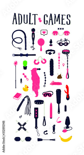 Illustrations and icons of sex toys. Vector. Gagging, lashes and gag handcuffs. Toys for adults. A pattern of pleasure instruments. Flat cartoon style. Products for an intimate store.
