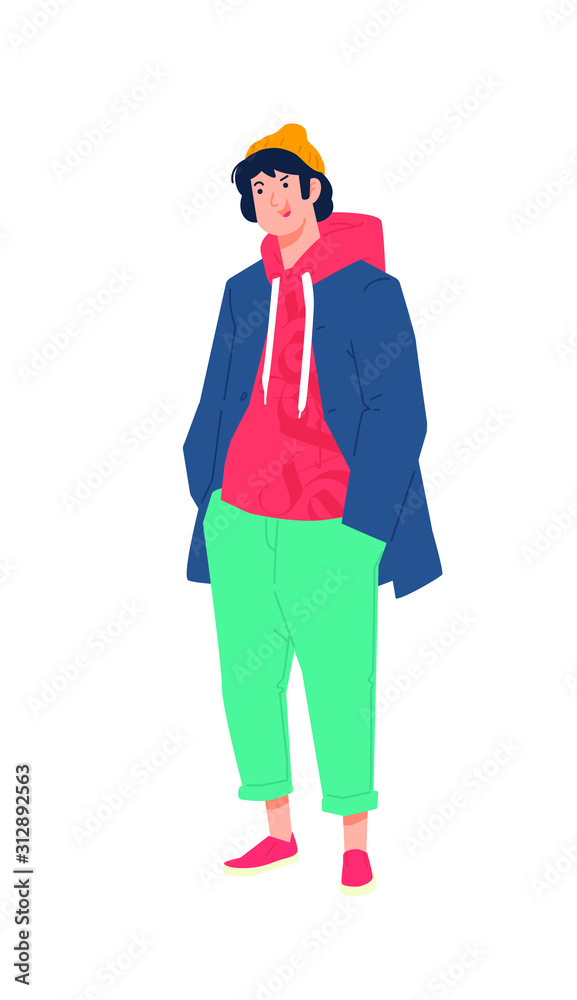 Illustration of a young man in a jacket and sweatshirt. Vector. Stylish hipster in a yellow cap. Fashionable guy in sportswear. Generation Z, Mellineal. A handsome boy. Flat style.