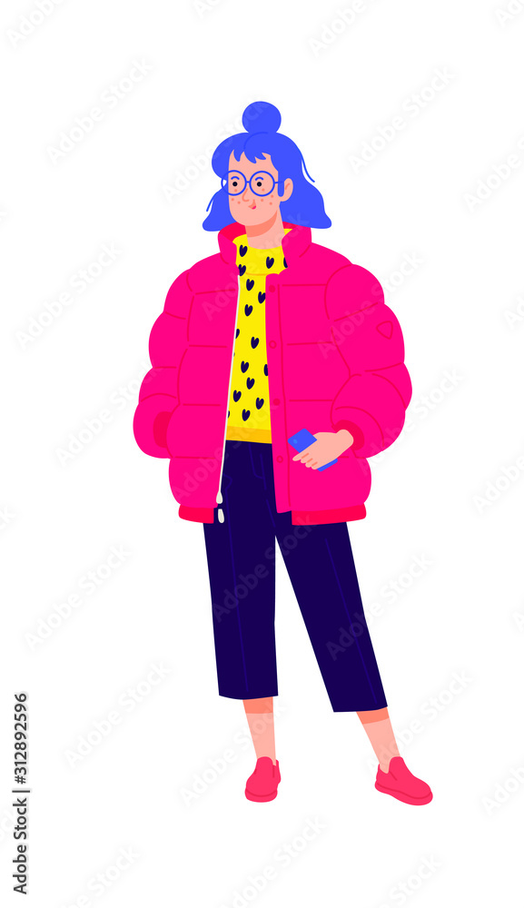 Illustration of a young girl in a red down jacket. Vector. Stylish hipster girl with blue hair. Girl in glasses with a phone. Generation Z, Mellineal. Flat style.
