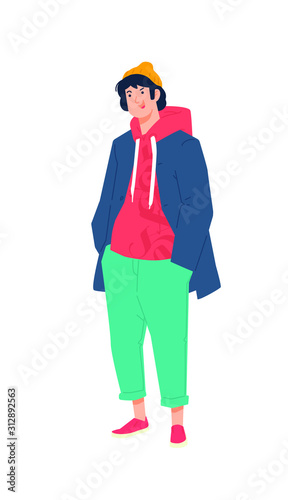 Illustration of a young man in a jacket and sweatshirt. Vector. Stylish hipster in a yellow cap. Fashionable guy in sportswear. Generation Z  Mellineal. A handsome boy. Flat style.