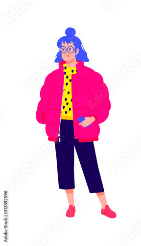 Illustration of a young girl in a red down jacket. Vector. Stylish hipster girl with blue hair. Girl in glasses with a phone. Generation Z  Mellineal. Flat style.