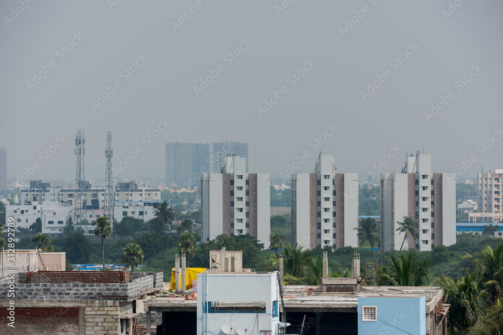 Rooftop view of the city of Chennai on overcast day